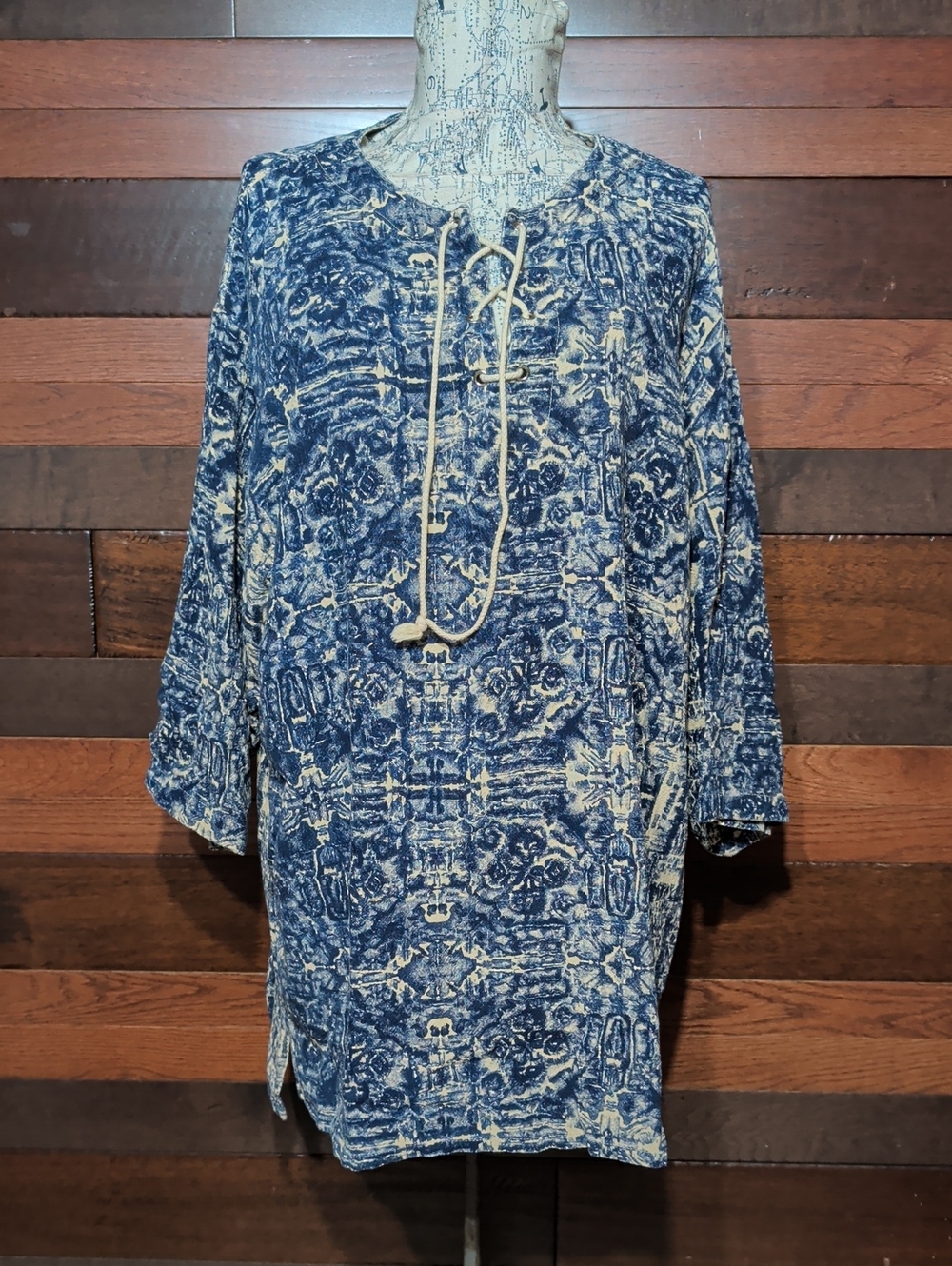 Active Culture Mix Blue & Cream Patterned Tunic /Dress with Lace Tie